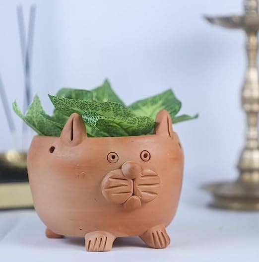 Khavi Arts Premium Artisanal Terracotta Clay Cat Planter for Indoor Plants | Ideal for Home Decor or Showpiece or as Key Holder | Eco Friendly | Perfect for Balcony and Gifting