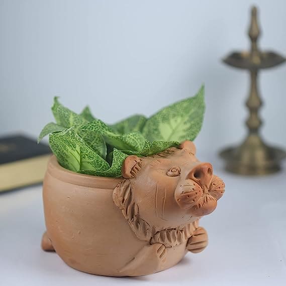 Khavi Arts Premium Handmade Artisanal Terracotta Clay Lion Shaped Pot/ Planter for Indoor Plants | Ideal for Home Decor or Showpiece or Key Holder