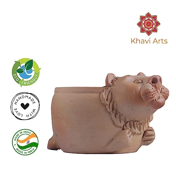 Khavi Arts Premium Handmade Artisanal Terracotta Clay Lion Shaped Pot/ Planter for Indoor Plants | Ideal for Home Decor or Showpiece or Key Holder