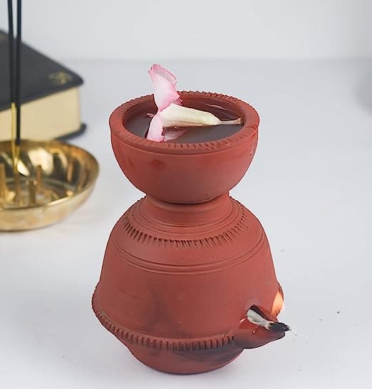 Khavi Arts Premium Handmade Artisanal Terracotta Clay Vaastu Deepa/Diya| Brings Peace and Prosperity | Handmade Pottery | Made by Rural Artisans | Magic Lamp | Perfect Gifting Option for Housewarming / Festivals etc