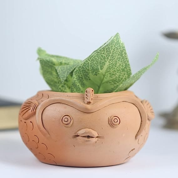 Khavi Arts Premium Handmade Artisanal Terracotta Clay Fish Shaped Pot/ Planter for Indoor Plants | Ideal for Home Decor or Showpiece or Key Holder