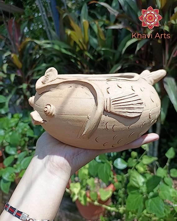 Khavi Arts Premium Handmade Artisanal Terracotta Clay Fish Shaped Pot/ Planter for Indoor Plants | Ideal for Home Decor or Showpiece or Key Holder