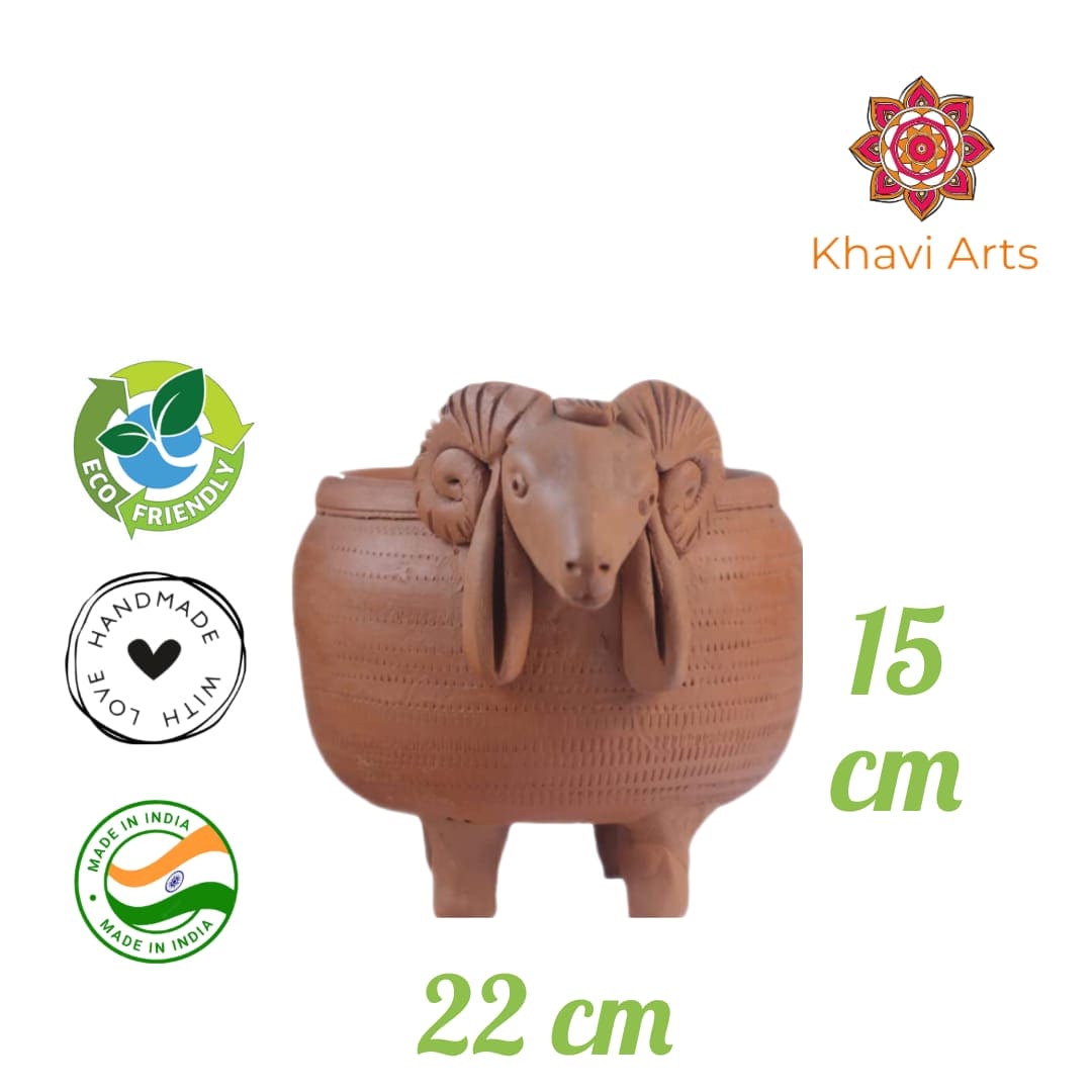 Khavi Arts Handmade Terracotta Clay Sheep Shaped Pot/ Planter for Indoor Plants| Home Decor or Showpiece or Key Holder| Handmade Pottery