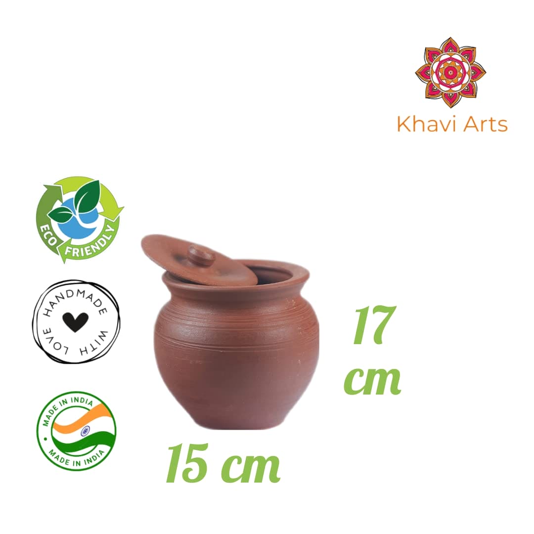 Khavi Arts Handmade Terracotta Clay Dahi/ Curd Handi with Lid | Handmade Pottery| 750ml Capacity | Organic & Eco Friendly