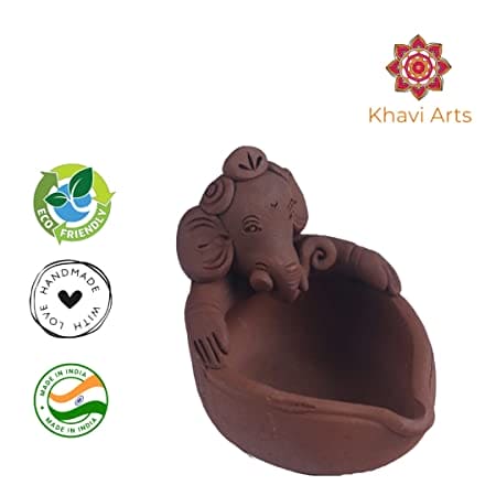 Khavi Arts Handmade Terracotta Clay Lord Ganesha Diya/Deepa | Ideal for Home Decor | Handmade Pottery | Set of 2 | Eco Friendly Gifting Option