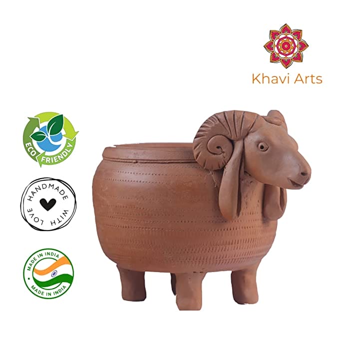 Khavi Arts Handmade Terracotta Clay Sheep Shaped Pot/ Planter for Indoor Plants| Home Decor or Showpiece or Key Holder| Handmade Pottery