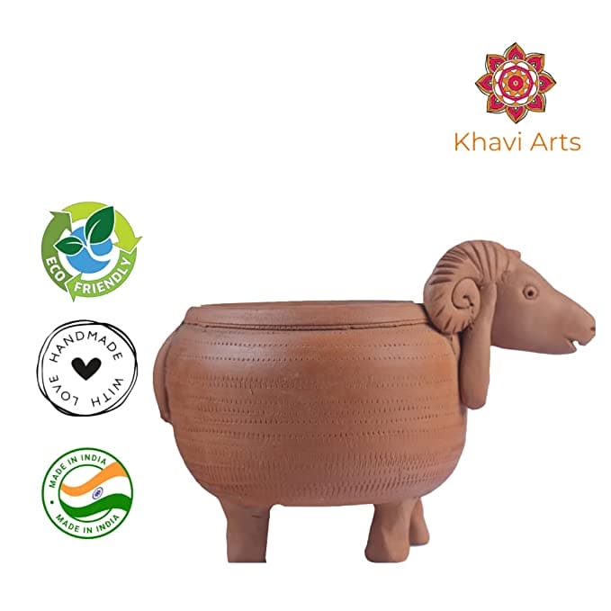 Khavi Arts Handmade Terracotta Clay Sheep Shaped Pot/ Planter for Indoor Plants| Home Decor or Showpiece or Key Holder| Handmade Pottery