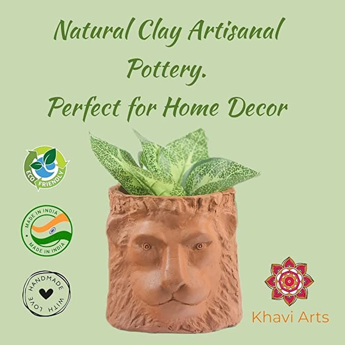 Khavi Arts Handmade Terracotta Clay Lion Shaped Pot/ Planter for Indoor Plants| Home Decor or Showpiece or Key Holder| Handmade Pottery