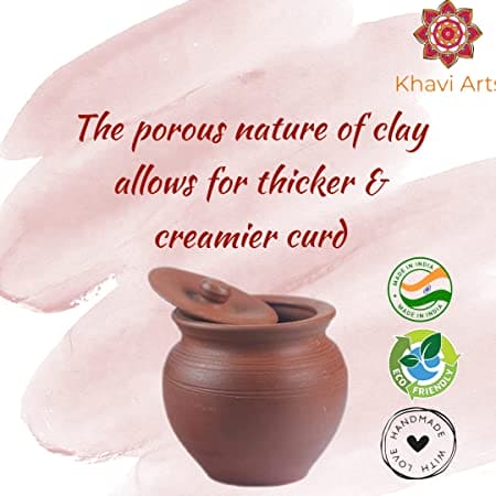 Khavi Arts Handmade Terracotta Clay Dahi/ Curd Handi with Lid | Handmade Pottery| 750ml Capacity | Organic & Eco Friendly