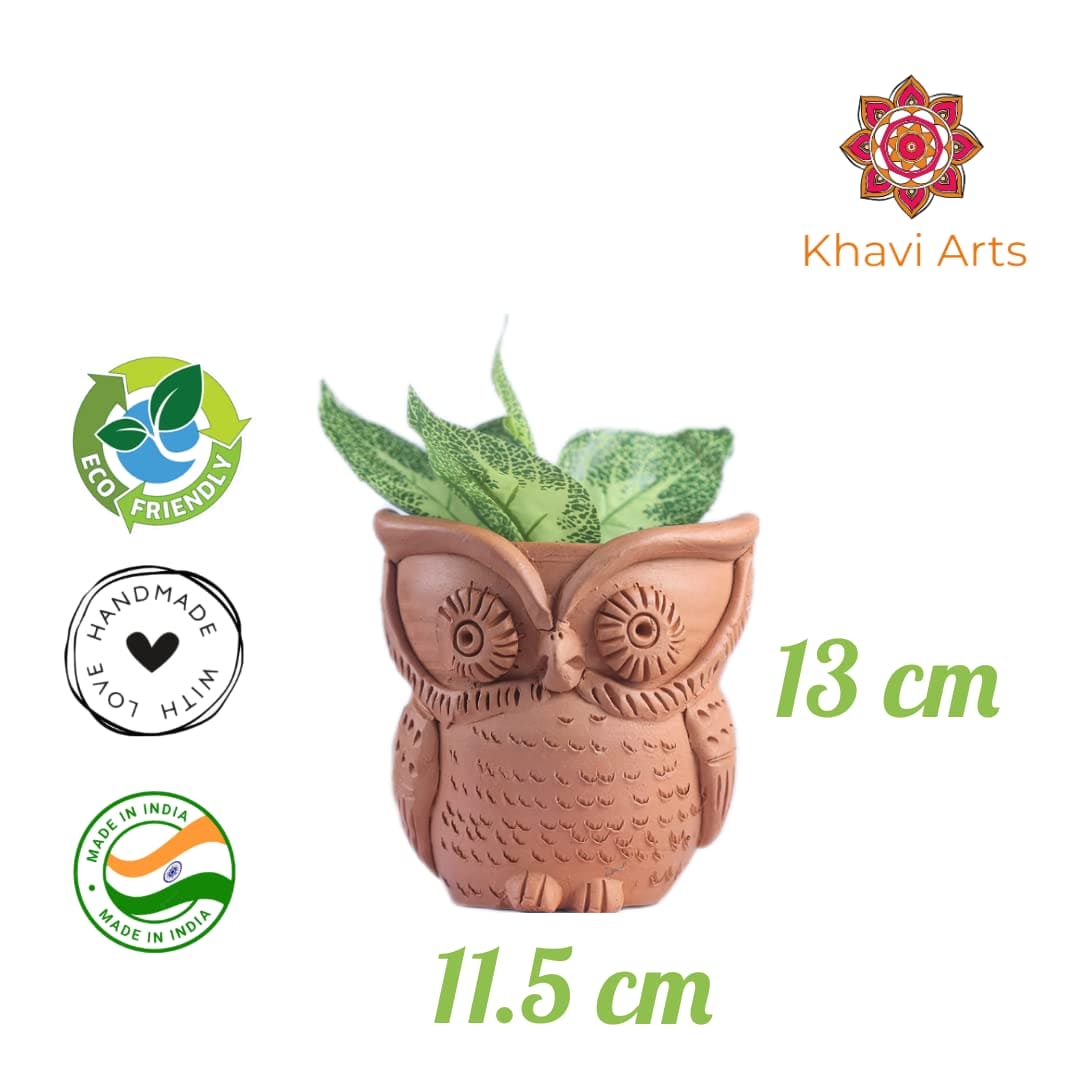 Khavi Arts Handmade Terracotta Clay Owl Shaped Pot/ Planter for Indoor Plants | Ideal for Home Decor or Showpiece or Key Holder | Handmade Pottery