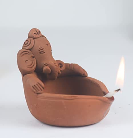 Khavi Arts Handmade Terracotta Clay Lord Ganesha Diya/Deepa | Ideal for Home Decor | Handmade Pottery | Set of 2 | Eco Friendly Gifting Option