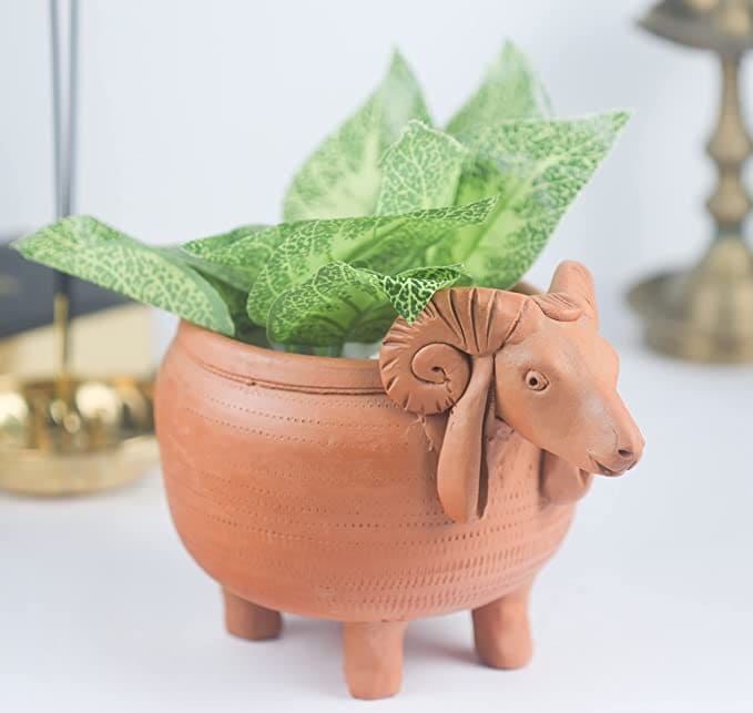 Khavi Arts Handmade Terracotta Clay Sheep Shaped Pot/ Planter for Indoor Plants| Home Decor or Showpiece or Key Holder| Handmade Pottery