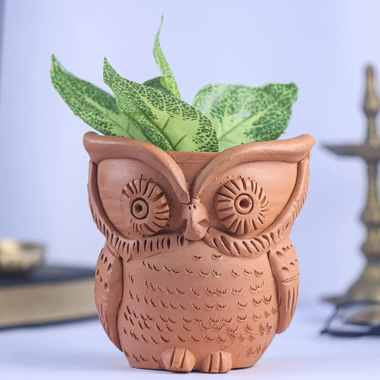 Khavi Arts Handmade Terracotta Clay Owl Shaped Pot/ Planter for Indoor Plants | Ideal for Home Decor or Showpiece or Key Holder | Handmade Pottery