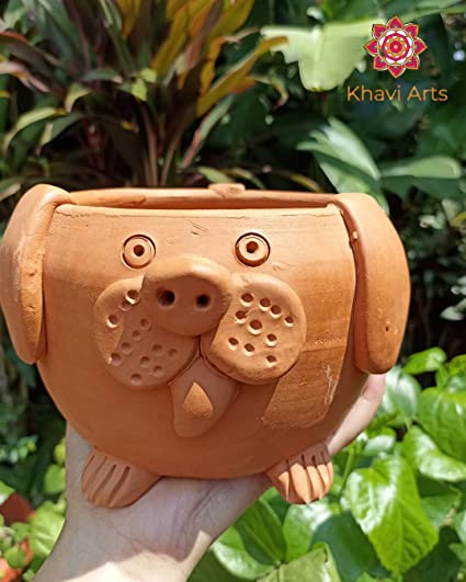 Khavi Arts Handmade Terracotta Clay Dog Shaped Pot/ Planter | Ideal for Home Decor| Eco Friendly